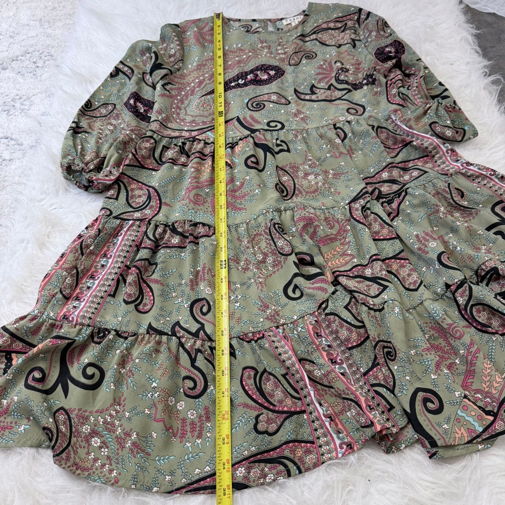 Paani Sage Green Paisley Tiered Babydoll Dress Long Sleeve Boho Mini Small - Picture 7 of 7